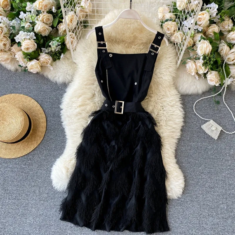 Fur Belted Dress With Knitted Top