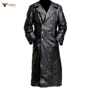 German Classic WW2 Officer Military Uniform Mens Black Real Leather Winter Long Coat