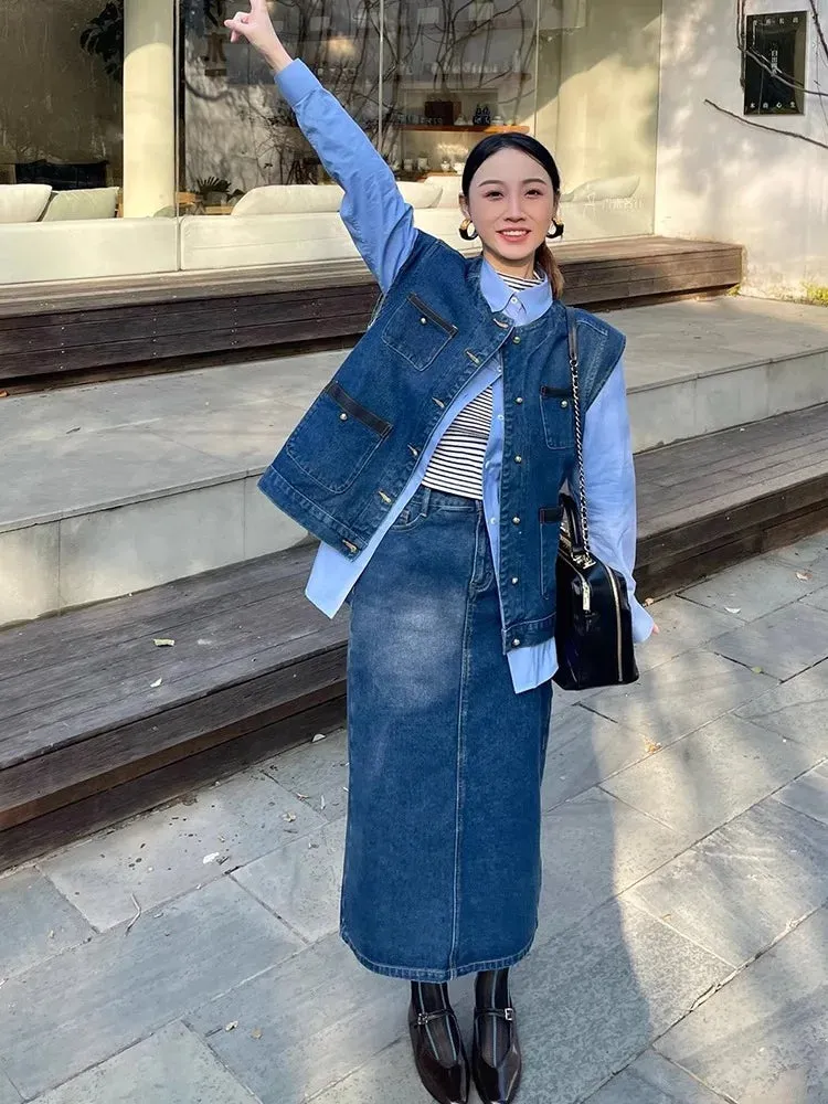 Girlary Retro And Fresh Design, Chic Fashionable Denim Vest High Waisted Slimming Skirt Shirt, Three Piece Set For Women