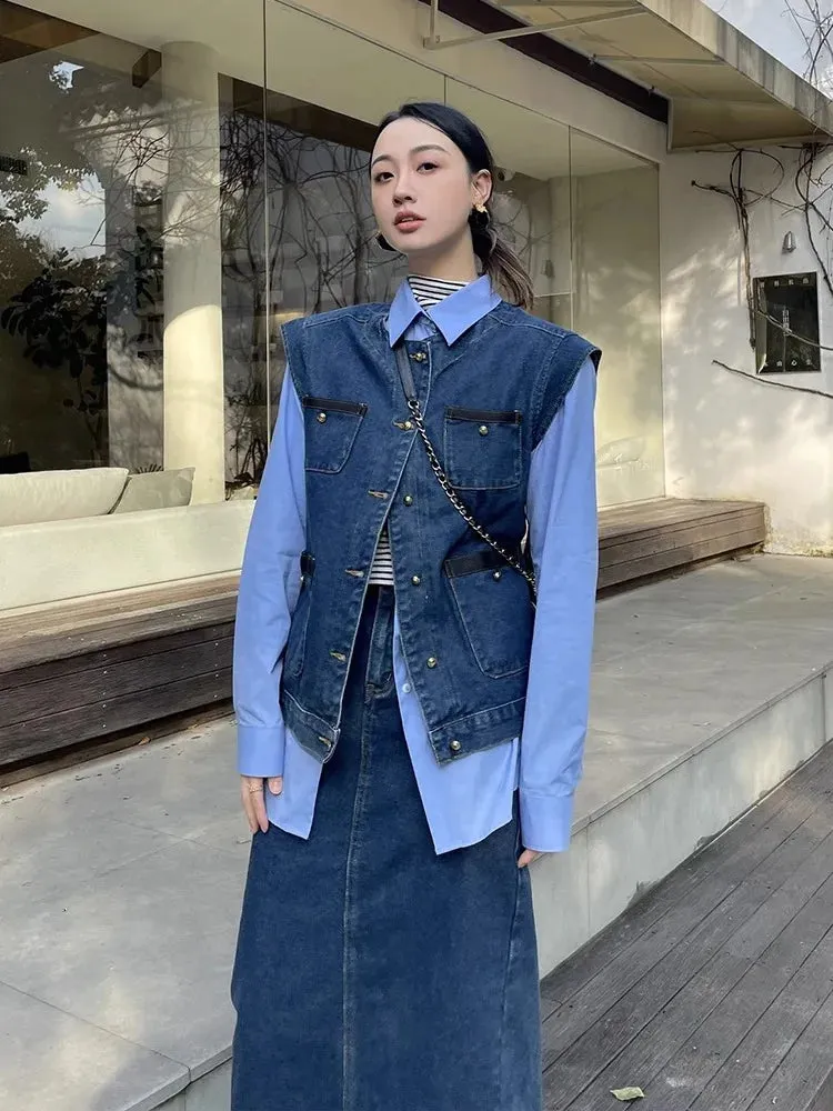 Girlary Retro And Fresh Design, Chic Fashionable Denim Vest High Waisted Slimming Skirt Shirt, Three Piece Set For Women