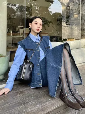 Girlary Retro And Fresh Design, Chic Fashionable Denim Vest High Waisted Slimming Skirt Shirt, Three Piece Set For Women