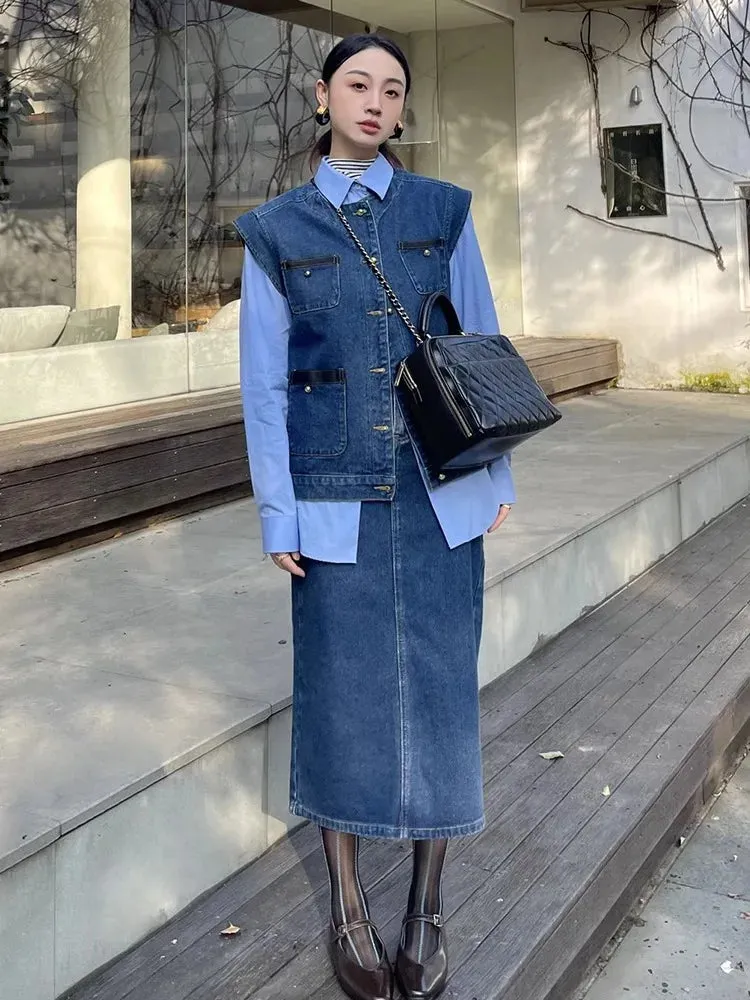 Girlary Retro And Fresh Design, Chic Fashionable Denim Vest High Waisted Slimming Skirt Shirt, Three Piece Set For Women