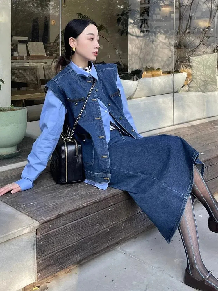 Girlary Retro And Fresh Design, Chic Fashionable Denim Vest High Waisted Slimming Skirt Shirt, Three Piece Set For Women