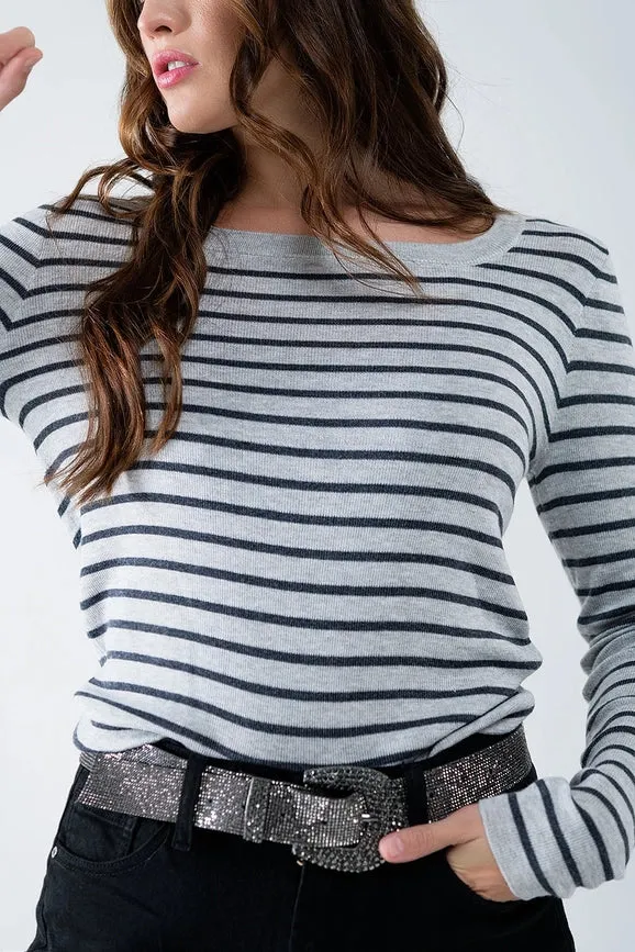 Grey Striped Fine Knit Sweater with Boat Neck