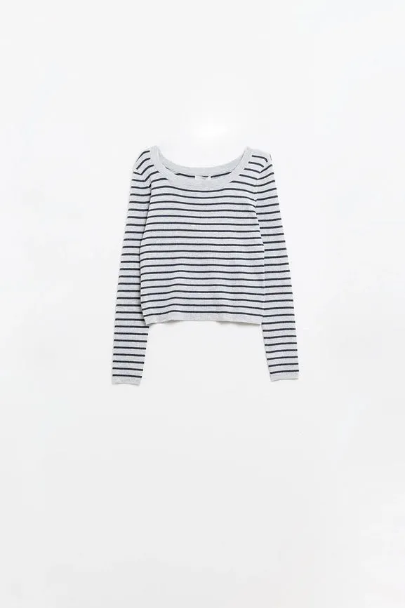 Grey Striped Fine Knit Sweater with Boat Neck