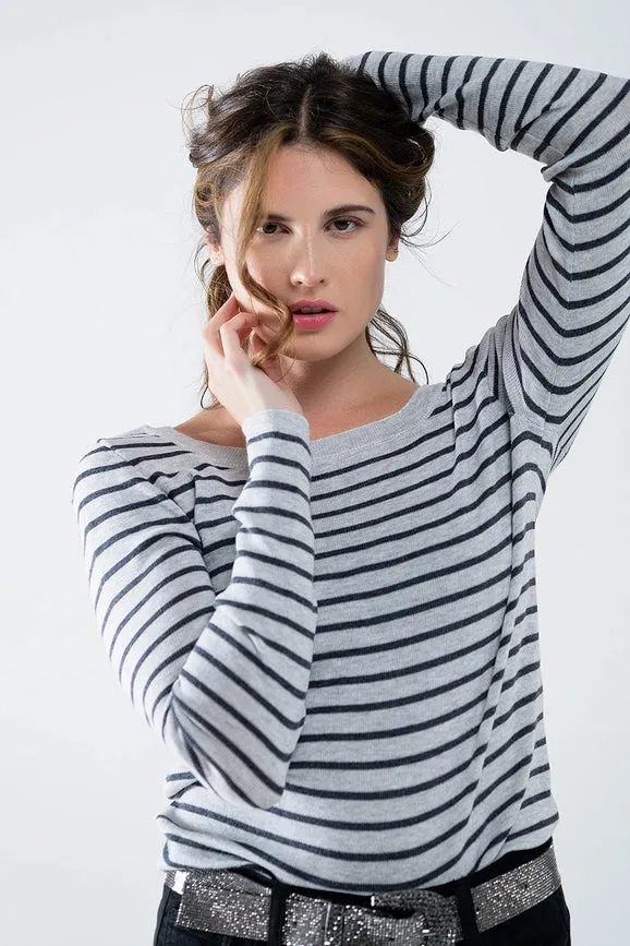 Grey Striped Fine Knit Sweater with Boat Neck