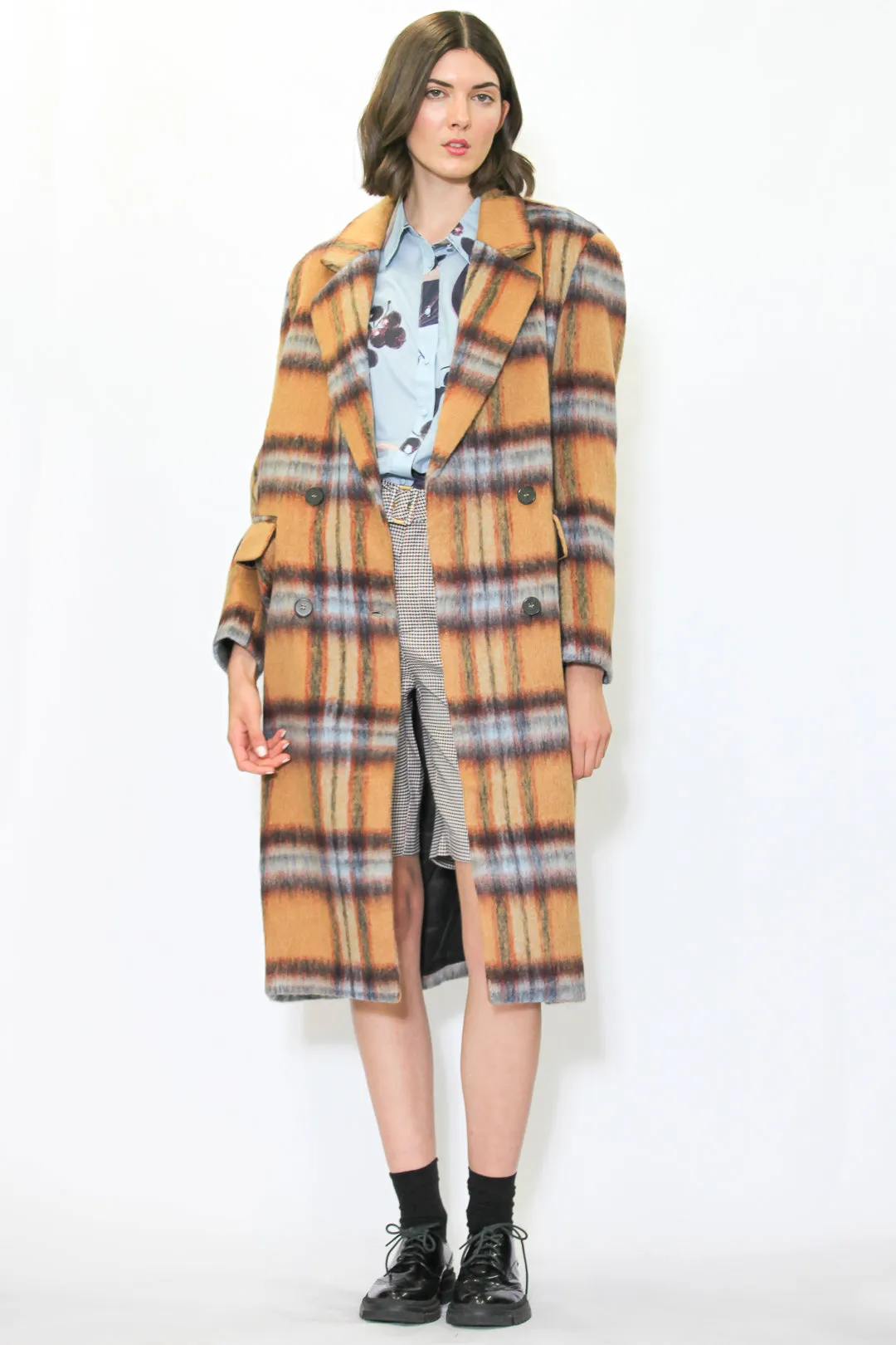 Heavy Wool Camel Plaid Coat