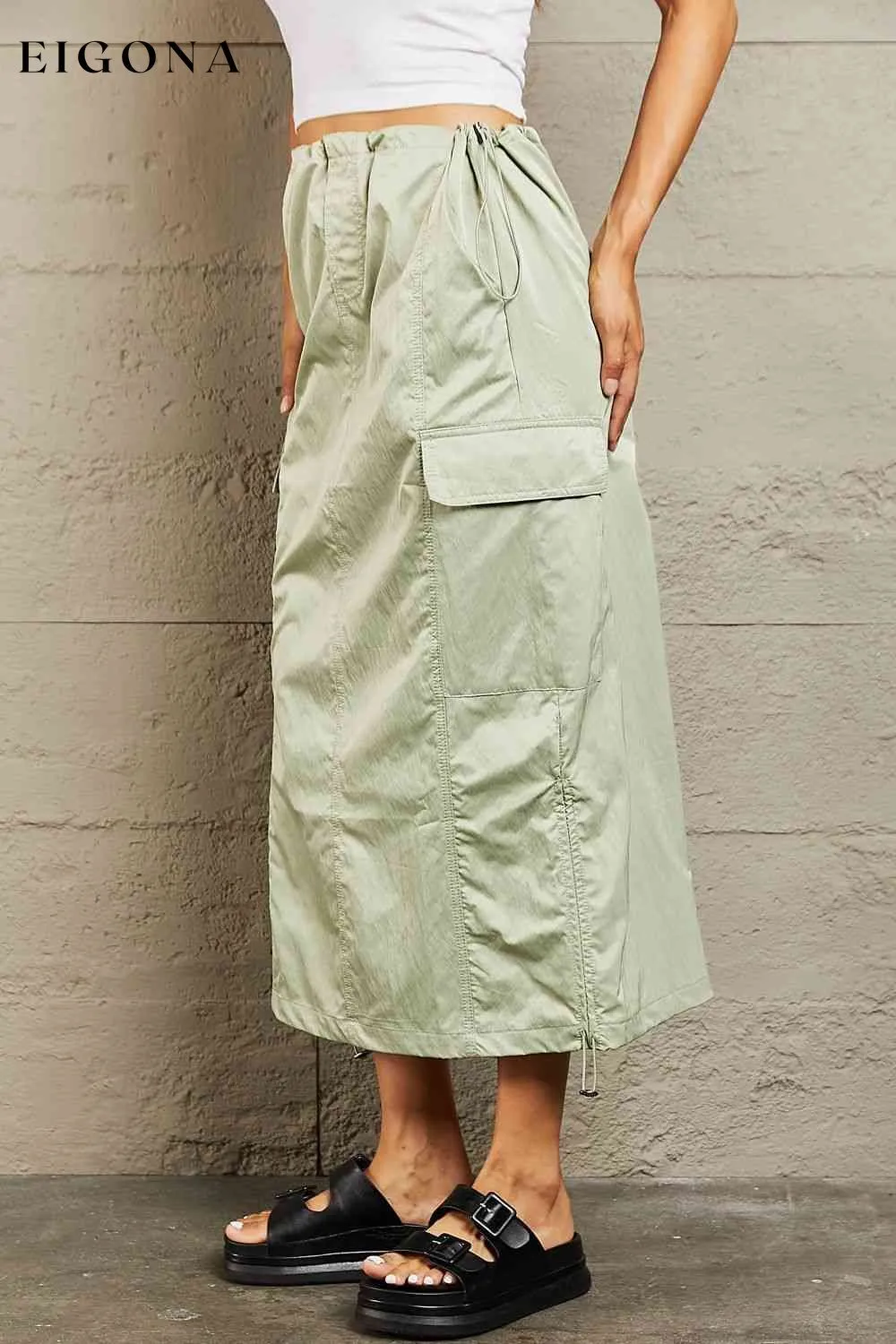 High Waisted Cargo Midi Skirt