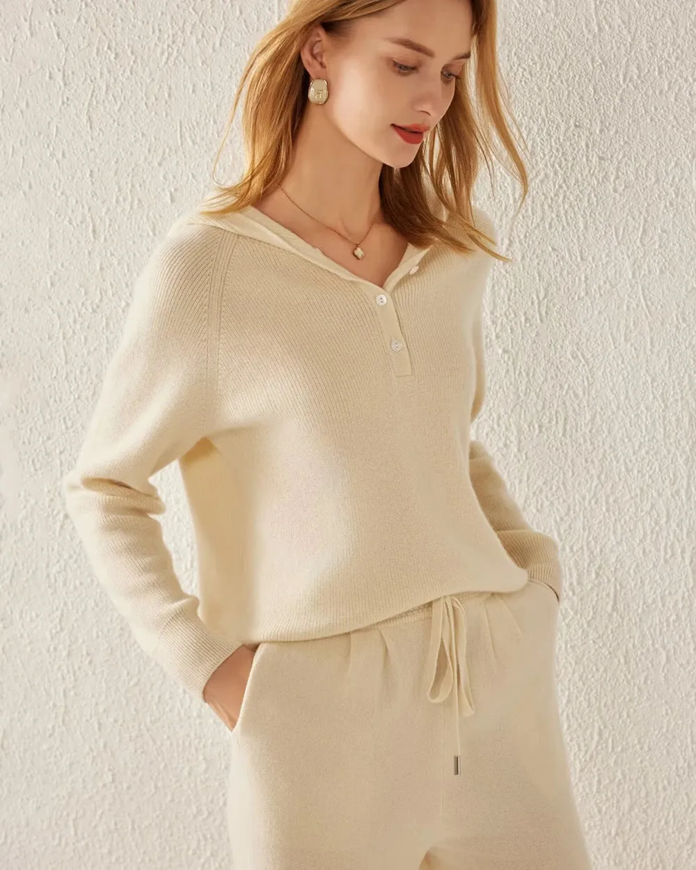 Hooded V Neck Cashmere Sweater