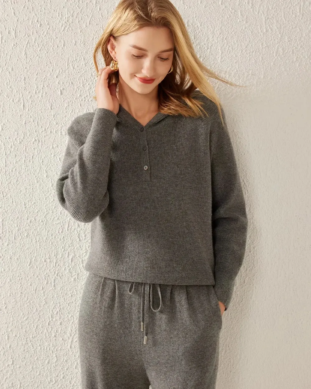 Hooded V Neck Cashmere Sweater