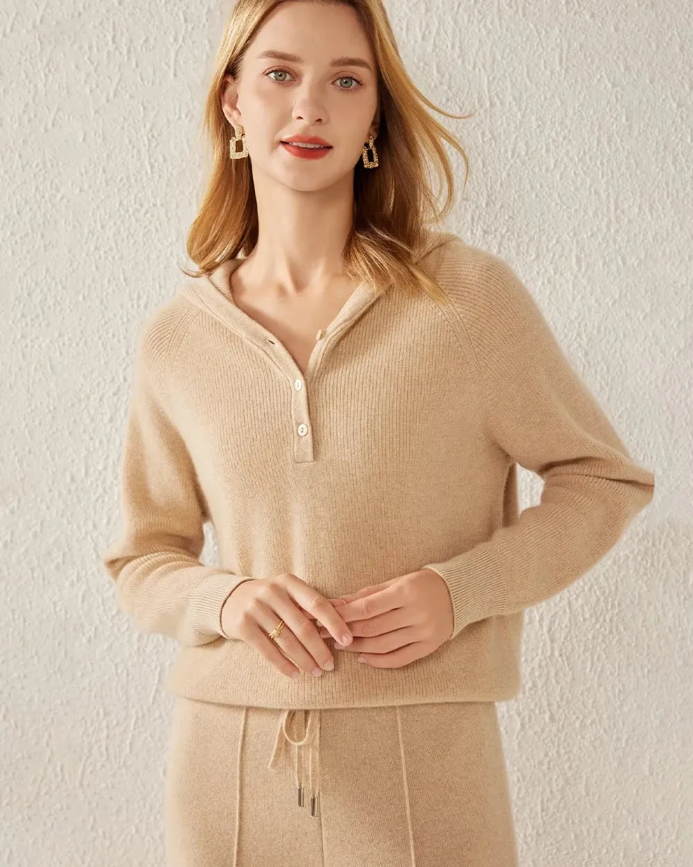 Hooded V Neck Cashmere Sweater