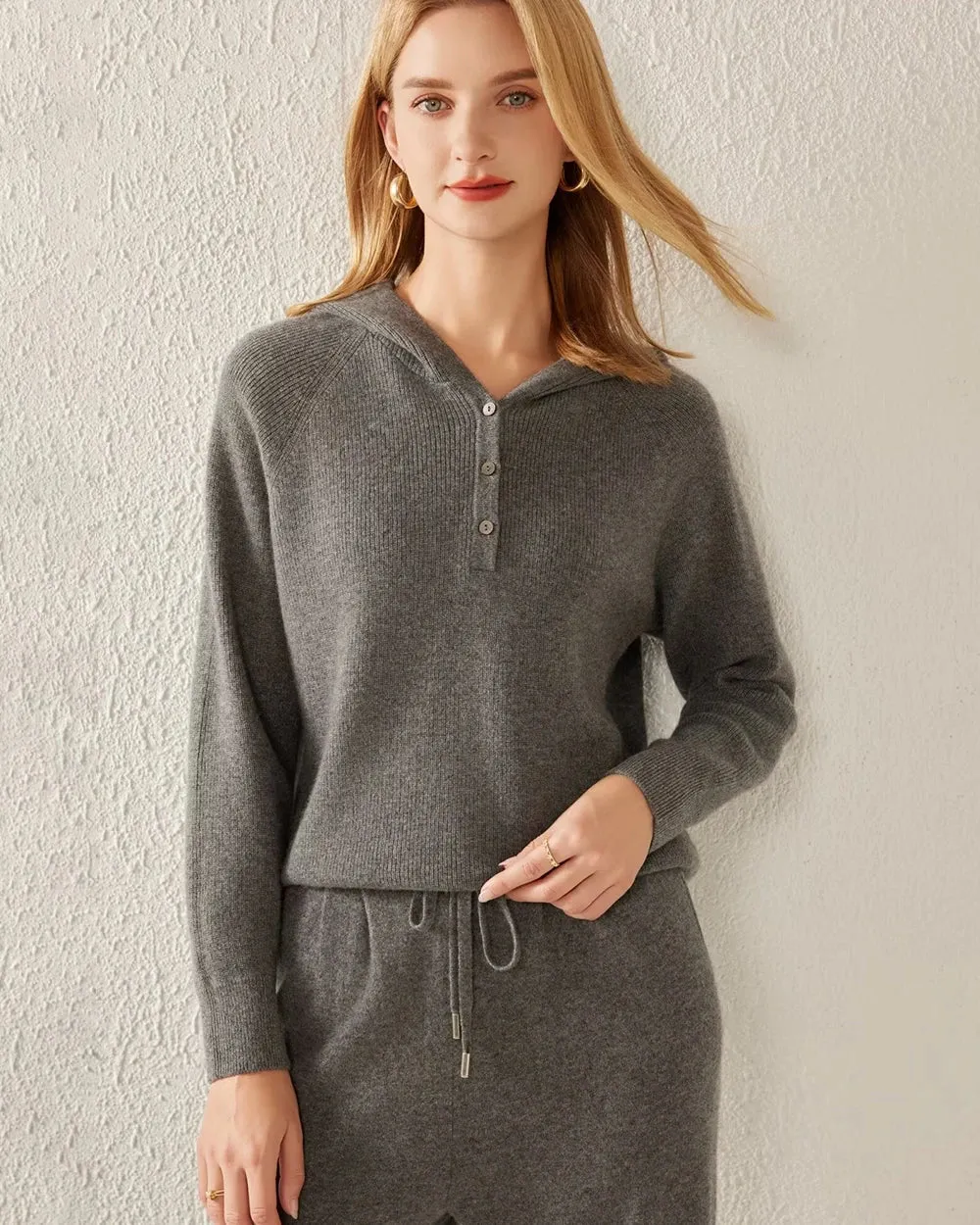 Hooded V Neck Cashmere Sweater