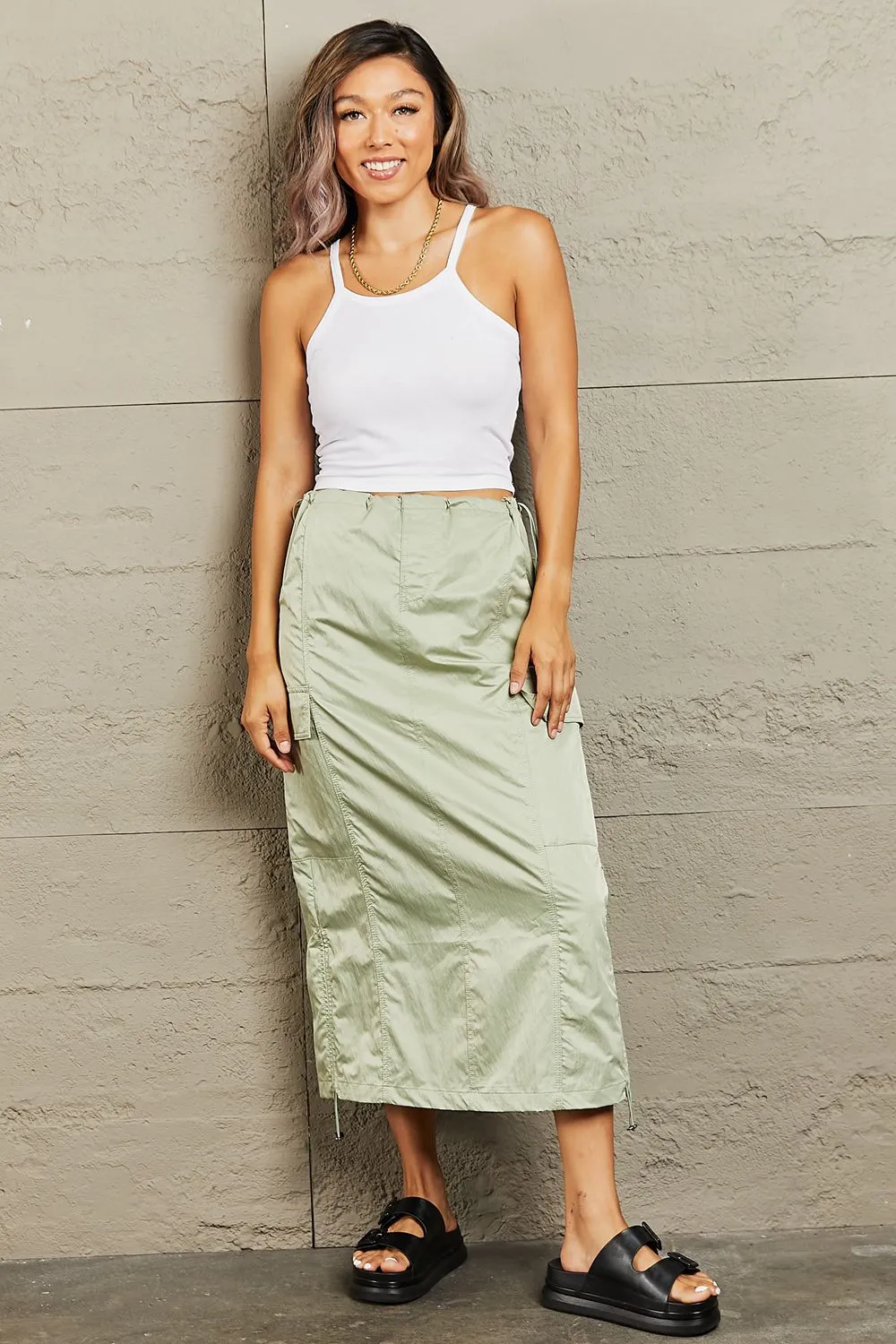 HYFVE Green High Waisted Cargo Midi Skirt