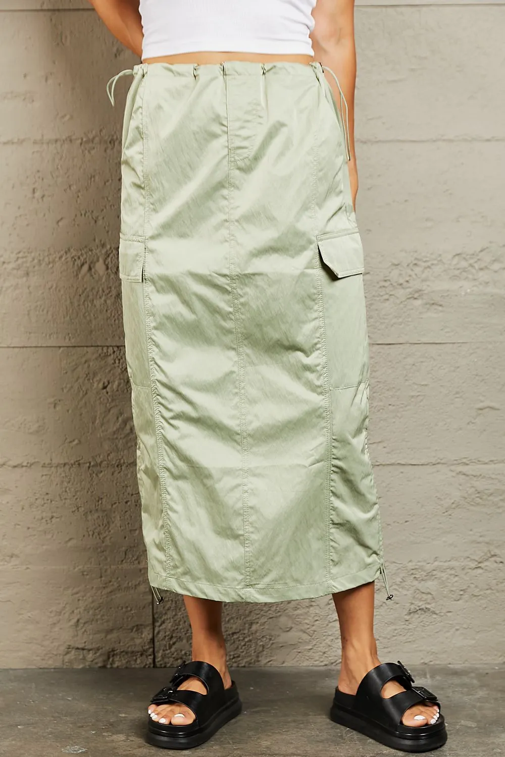 HYFVE Green High Waisted Cargo Midi Skirt