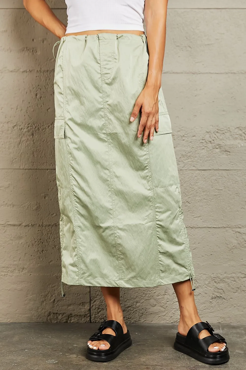 HYFVE Green High Waisted Cargo Midi Skirt