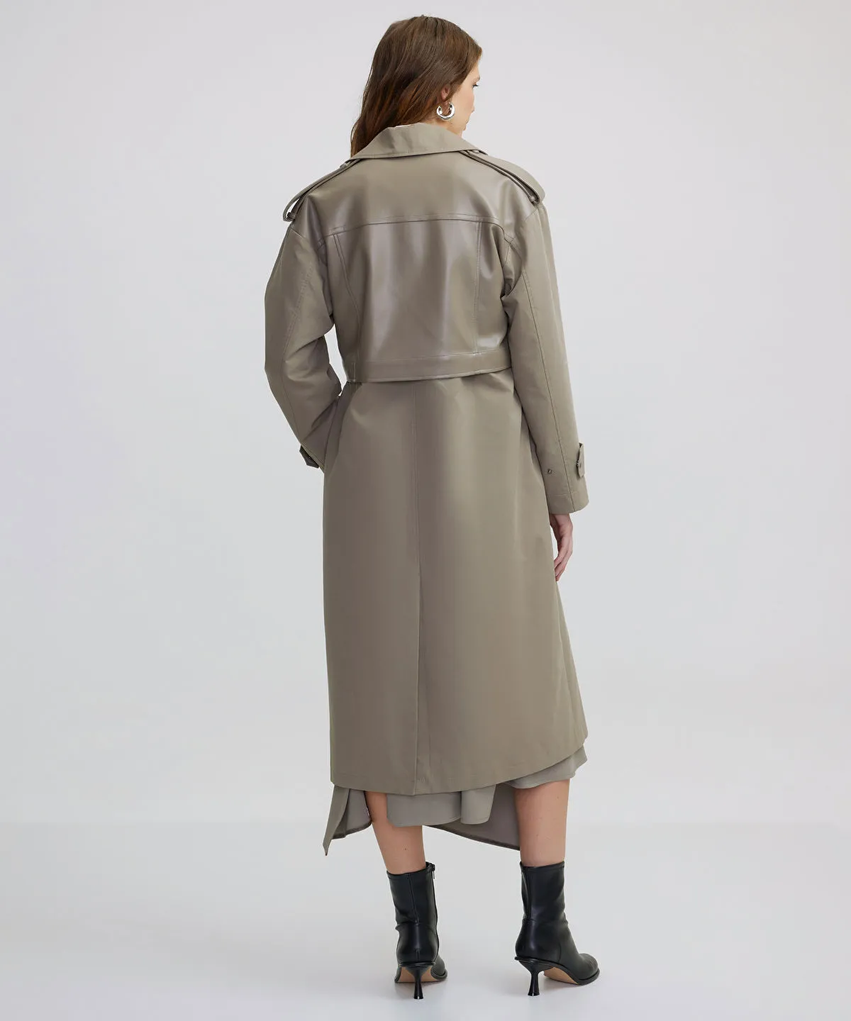 Ipekyol Faux Leather Mix Belted Trench Coat Mink