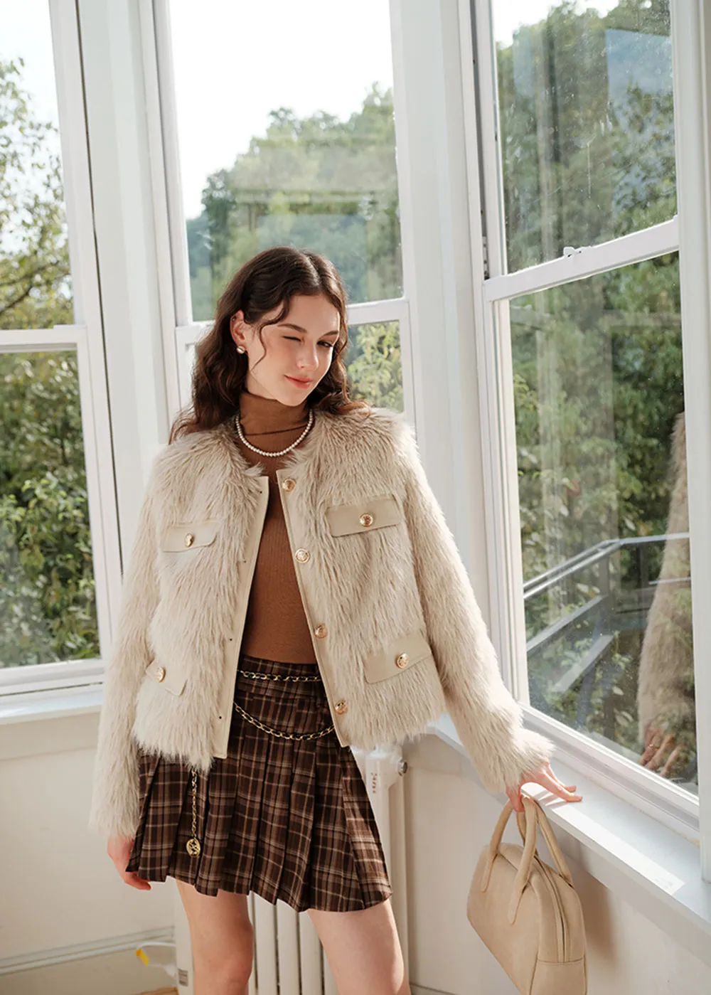 Ivory Jewel Neck Faux Fur Short Jacket