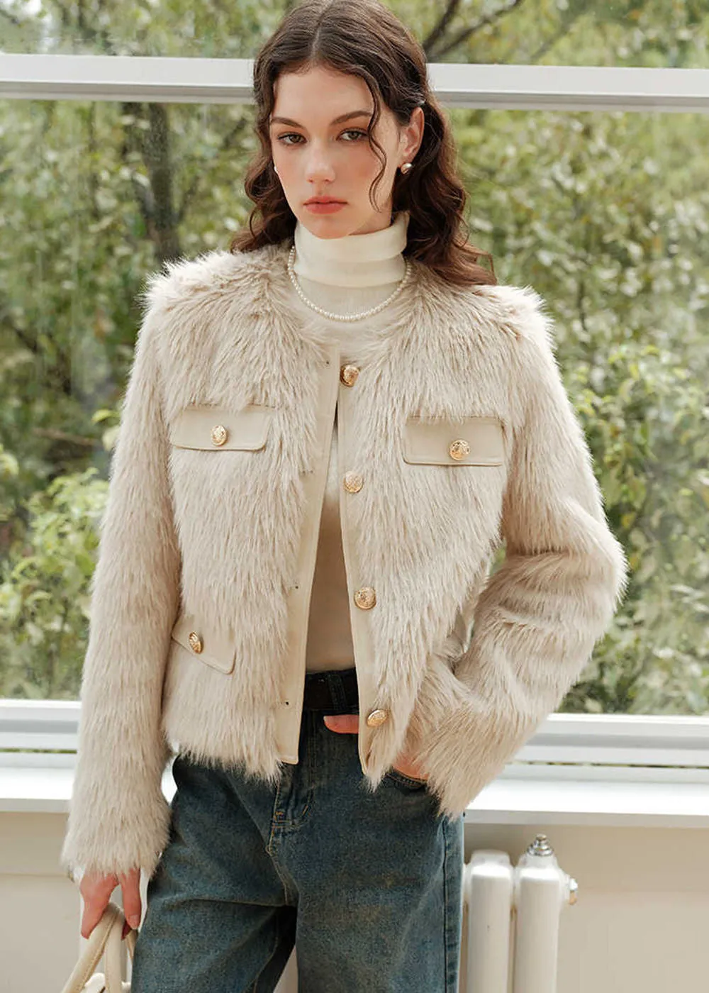 Ivory Jewel Neck Faux Fur Short Jacket