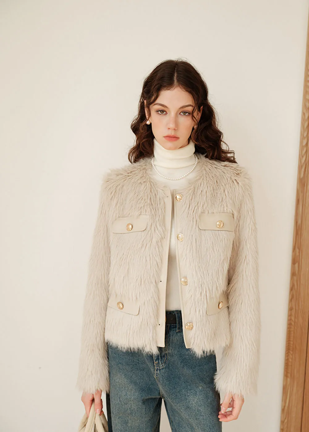 Ivory Jewel Neck Faux Fur Short Jacket