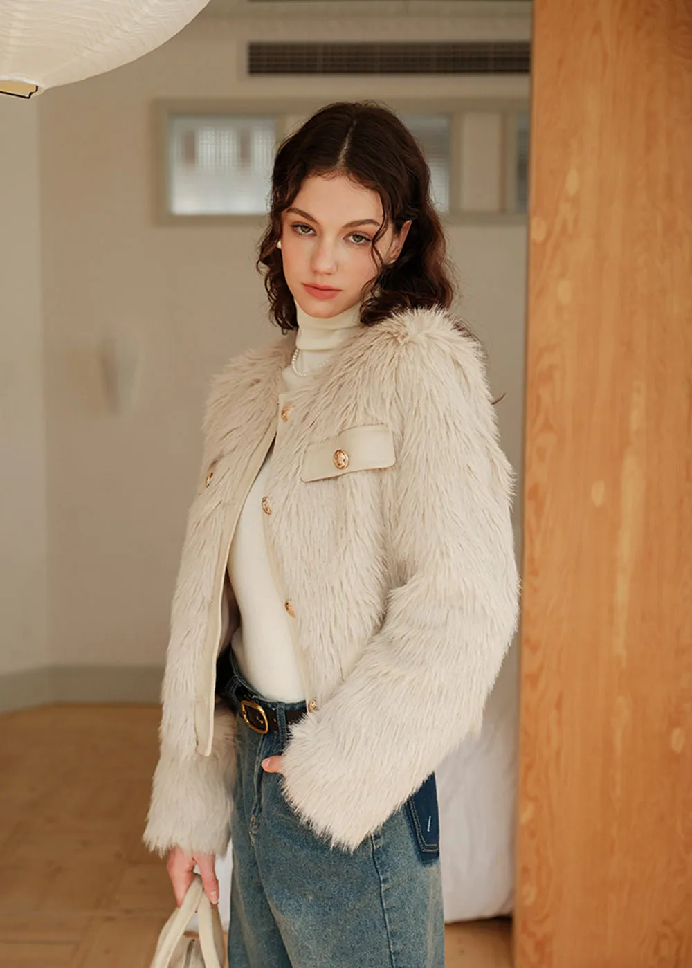 Ivory Jewel Neck Faux Fur Short Jacket