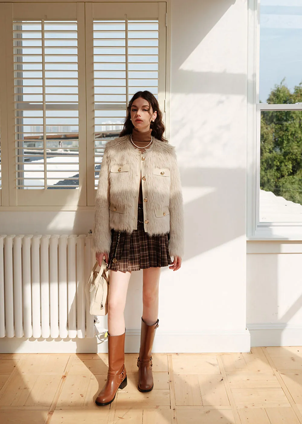 Ivory Jewel Neck Faux Fur Short Jacket