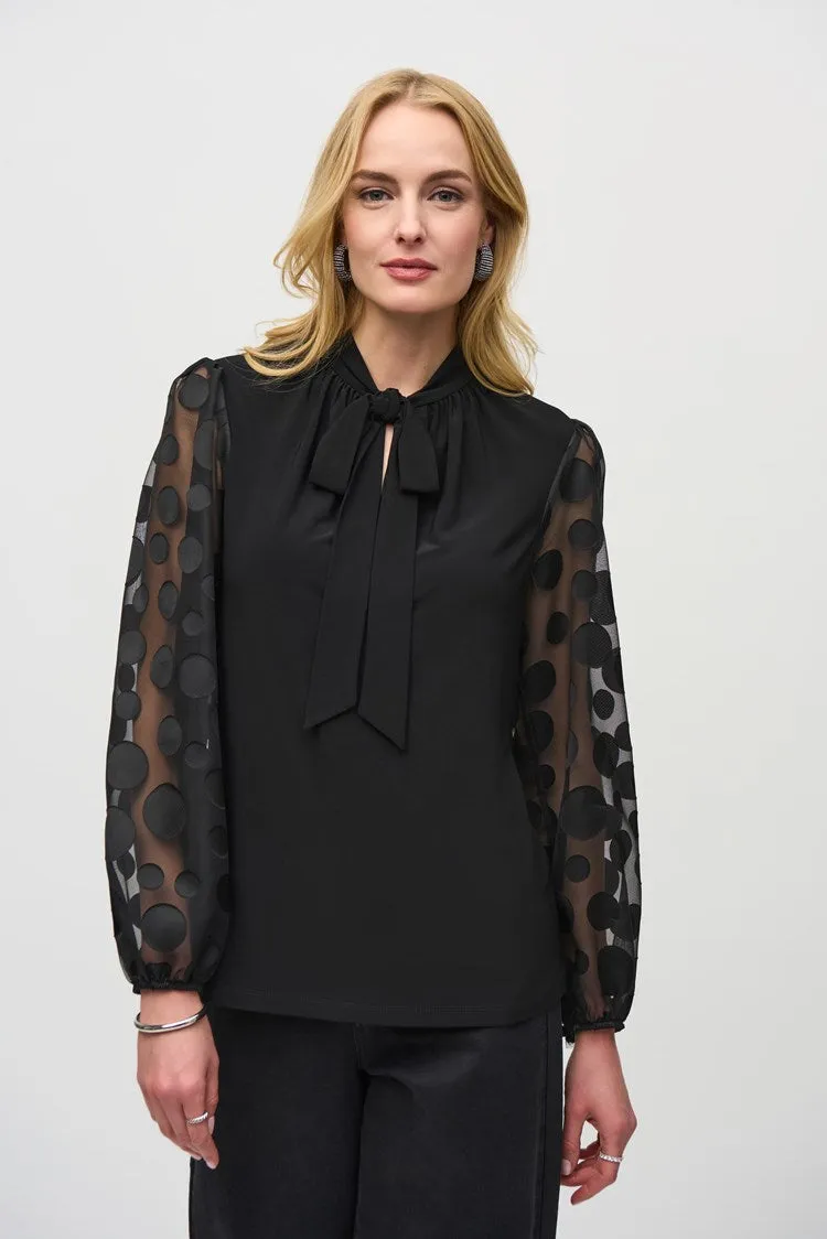 Joseph Ribkoff Black Silky Knit Top With Dot Burnout Sleeves