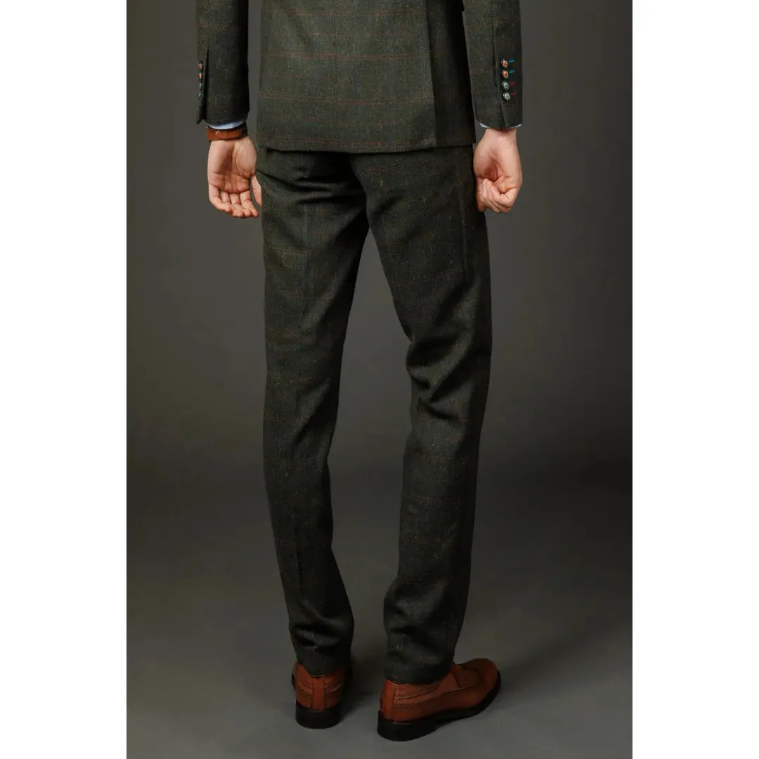 Joshua - Men's Green Tweed Check Trousers