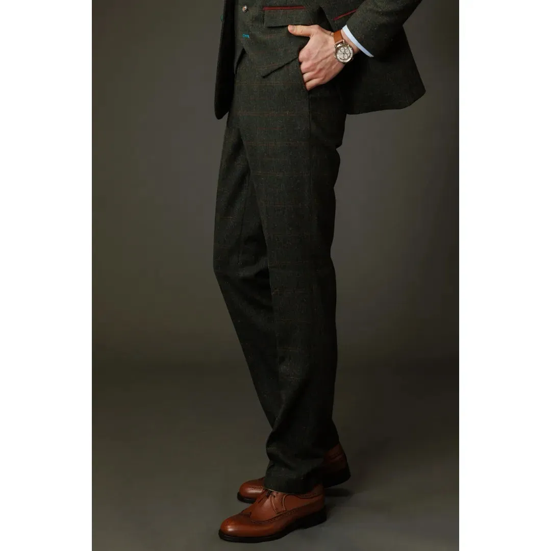 Joshua - Men's Green Tweed Check Trousers