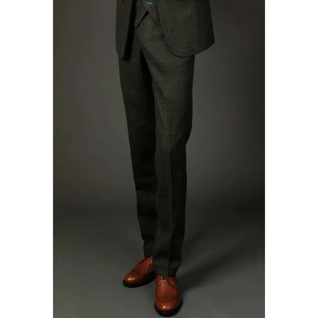 Joshua - Men's Green Tweed Check Trousers