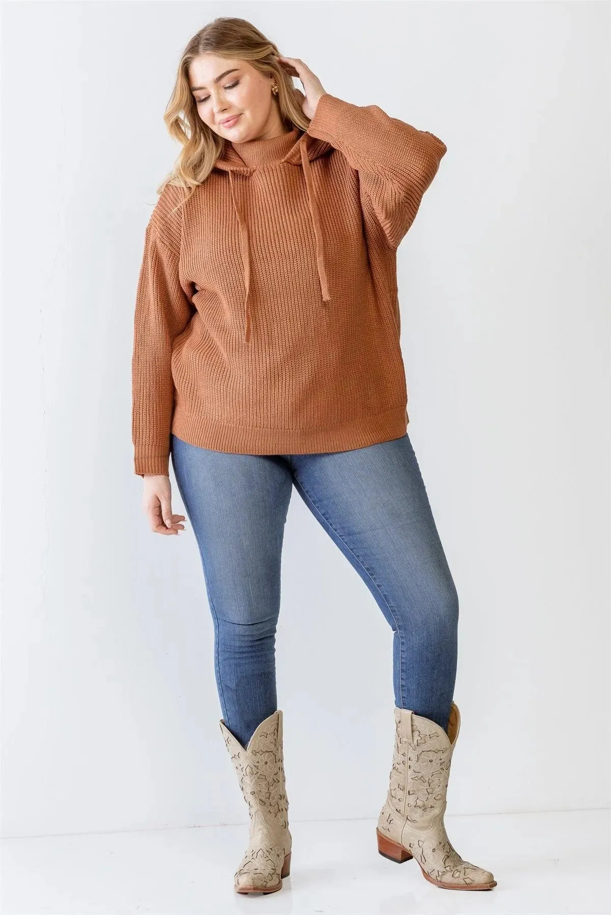 Junior Plus Size Camel Knit Long Sleeve Hooded Sweater