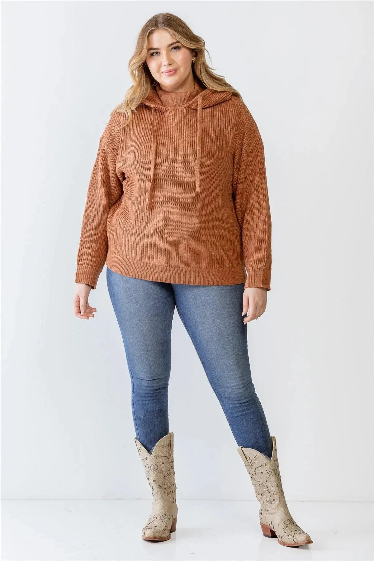 Junior Plus Size Camel Knit Long Sleeve Hooded Sweater