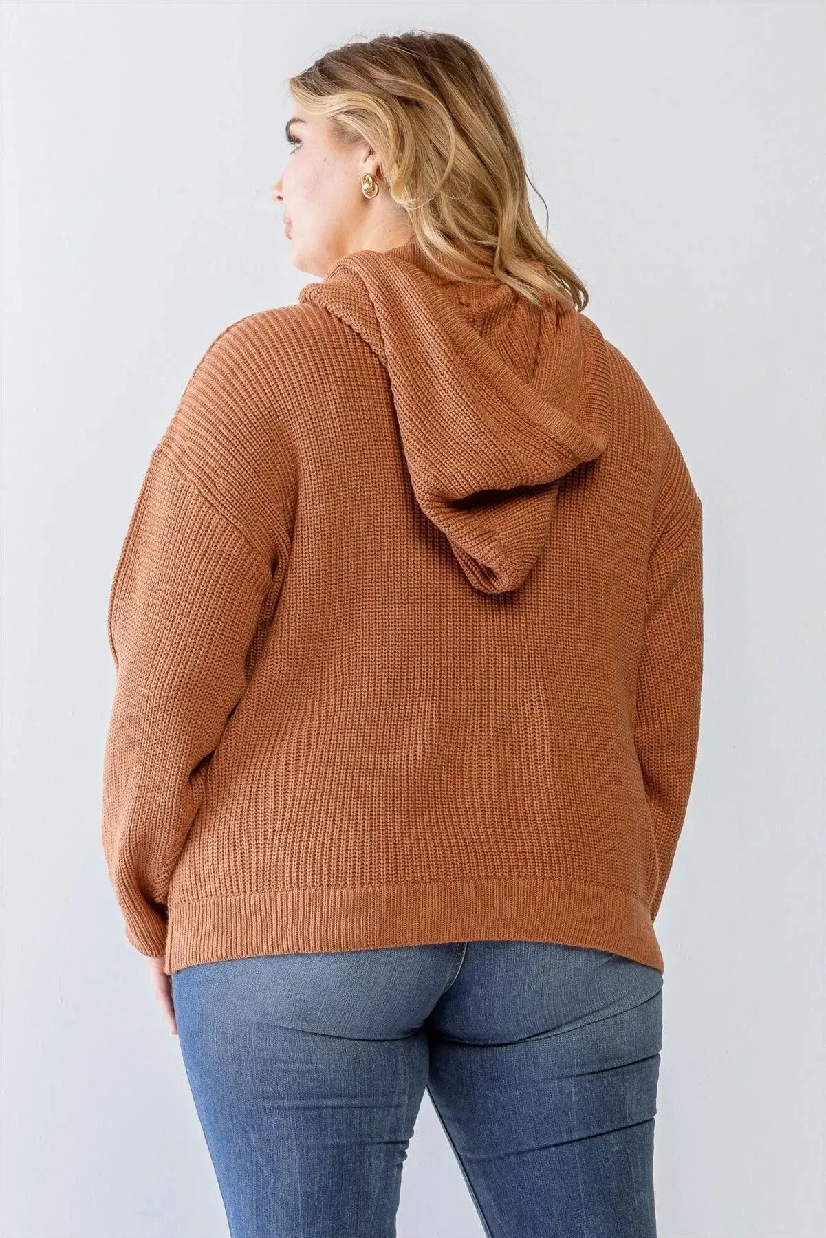 Junior Plus Size Camel Knit Long Sleeve Hooded Sweater