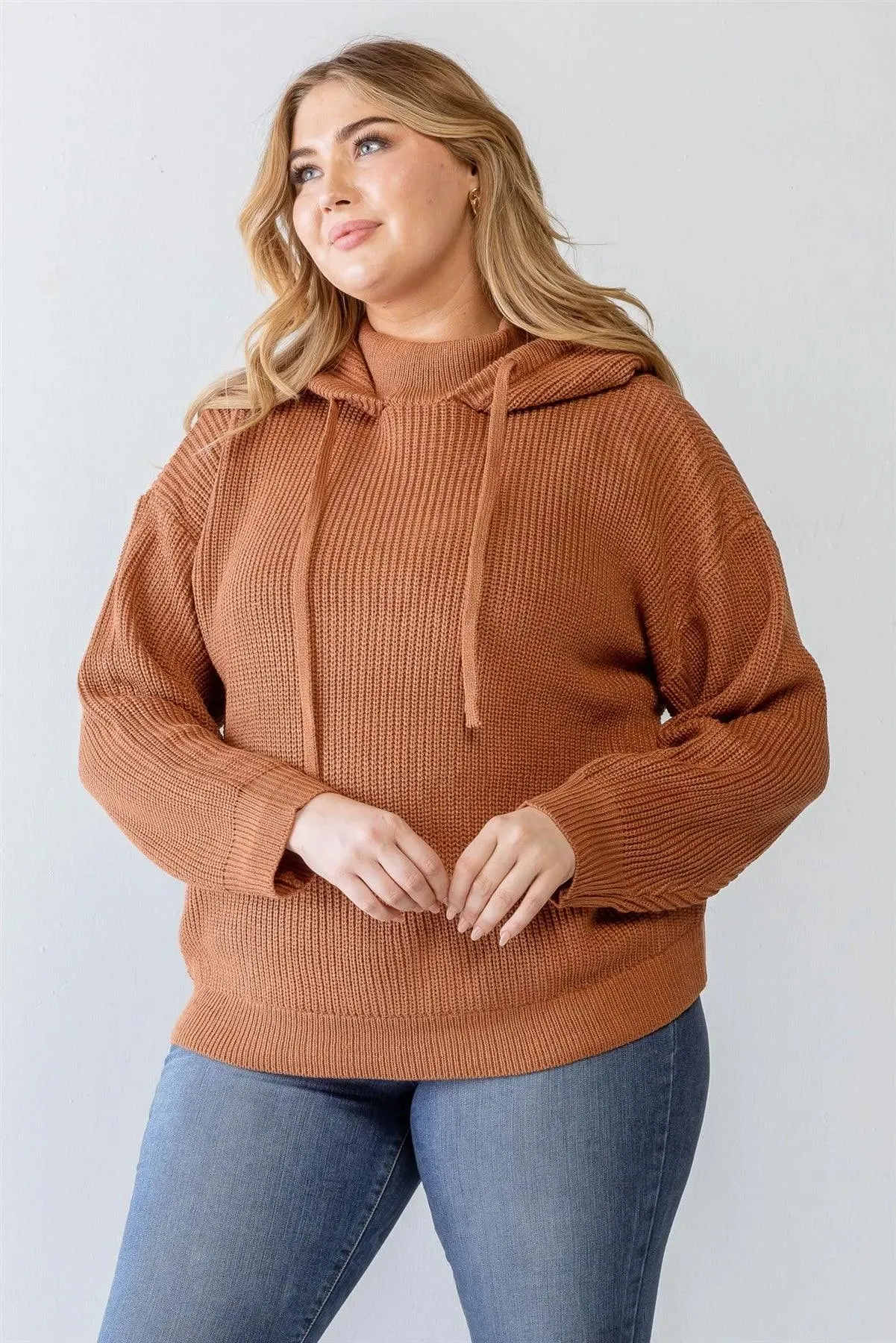 Junior Plus Size Camel Knit Long Sleeve Hooded Sweater