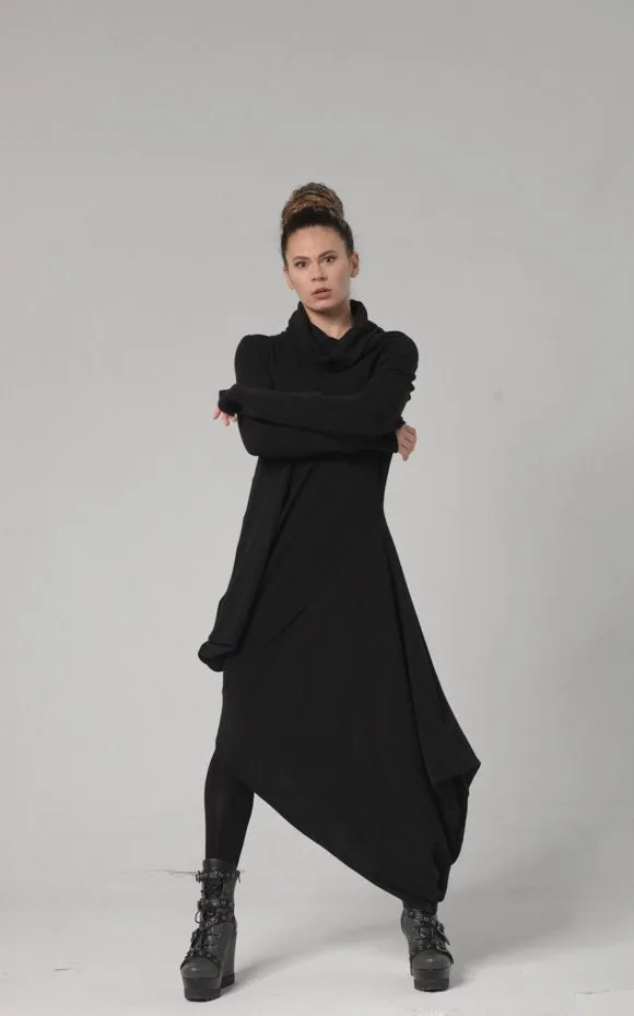 Knitted Asymmetric Turtleneck Dress In Black