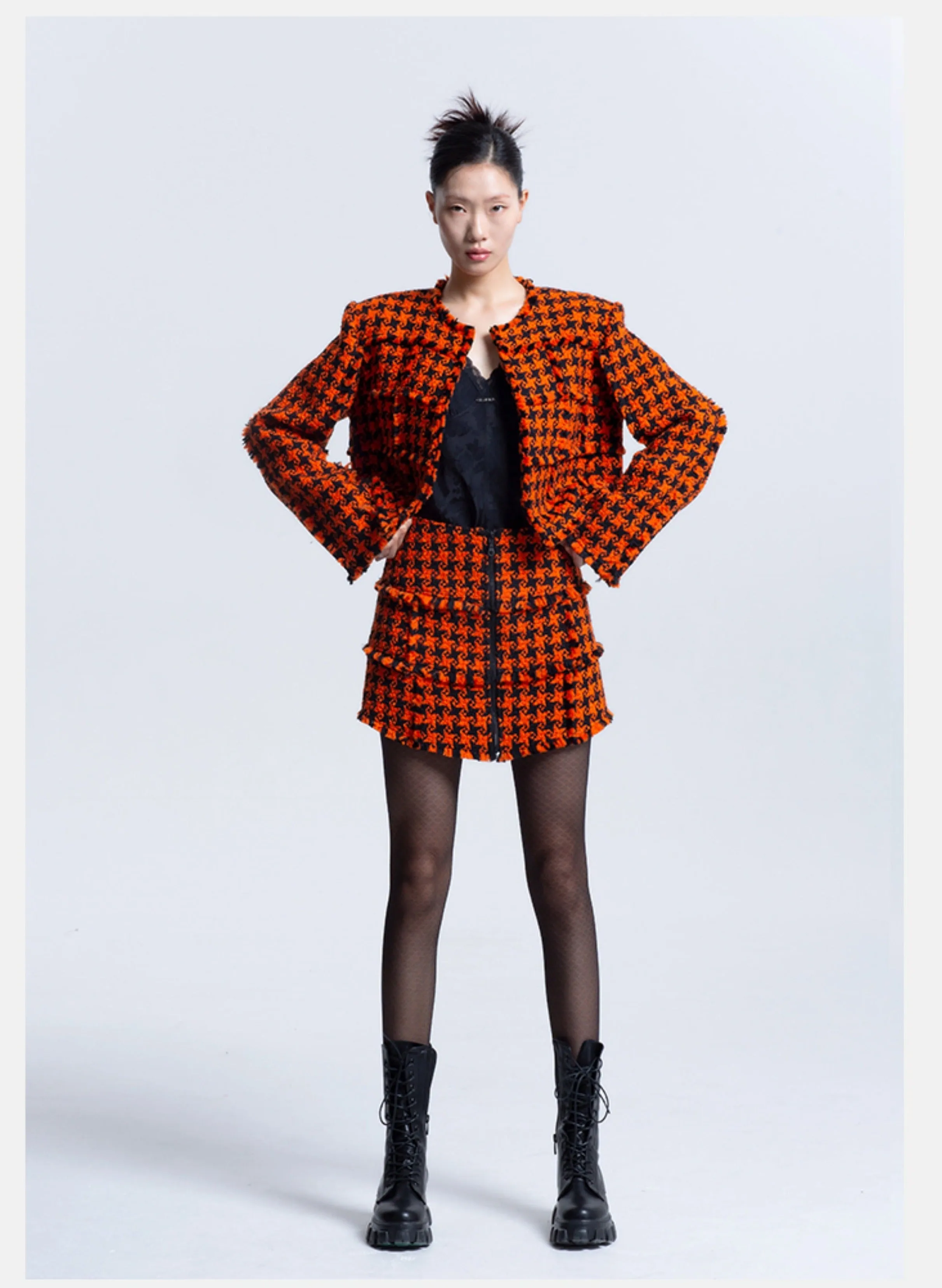 LEDIM W luxury highend patchwork orange houndstooth tweed short shirt- Haiei