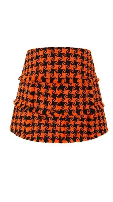 LEDIM W luxury highend patchwork orange houndstooth tweed short shirt- Haiei