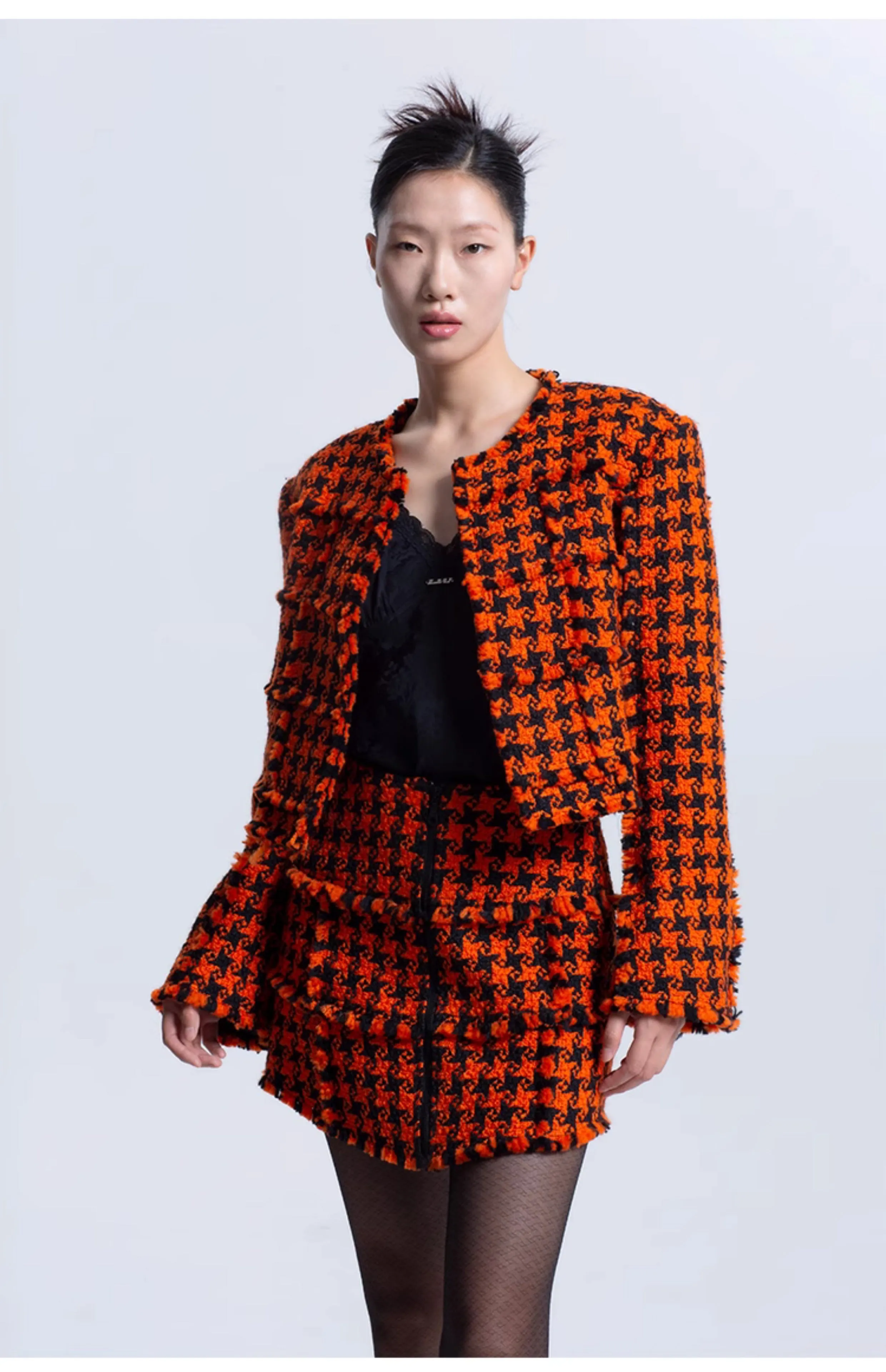 LEDIM W luxury highend patchwork orange houndstooth tweed short shirt- Haiei