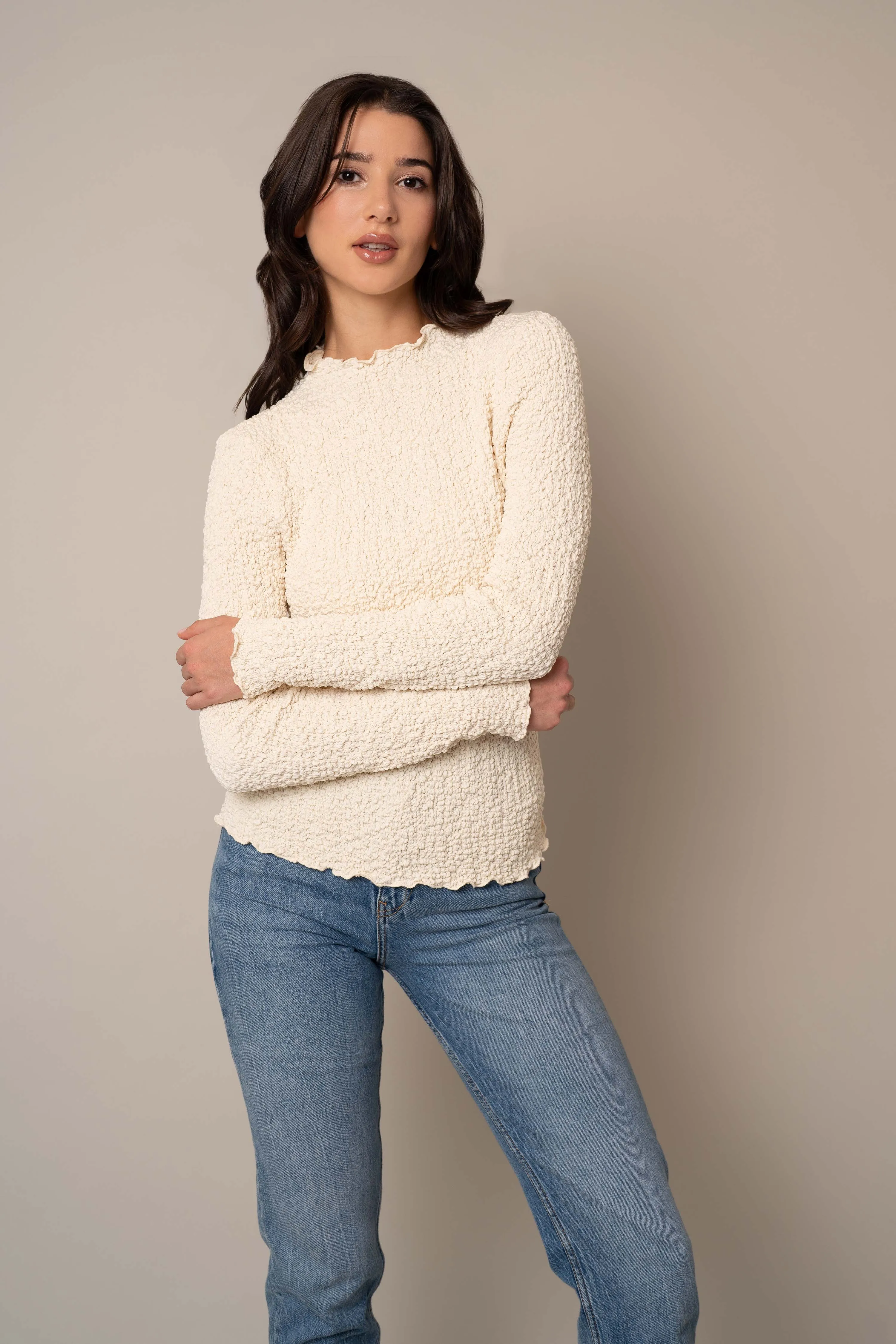 Long Sleeve Mock Neck Crinkle Top