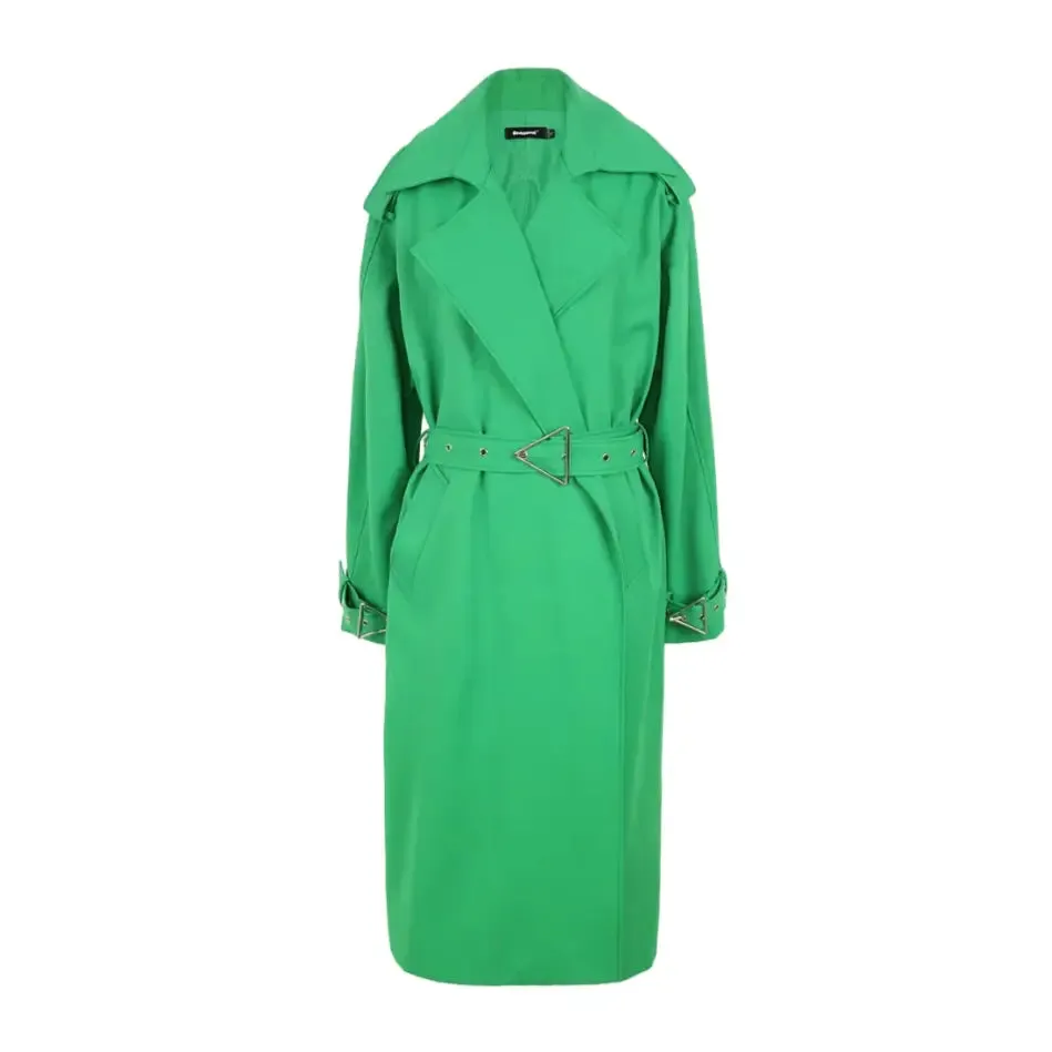 Long Sleeves Emerald Green Belted Trench Coat