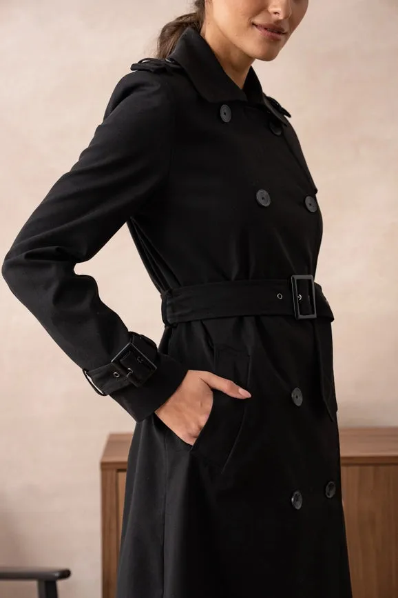 Long Trench Coat with Cotton Belt Black