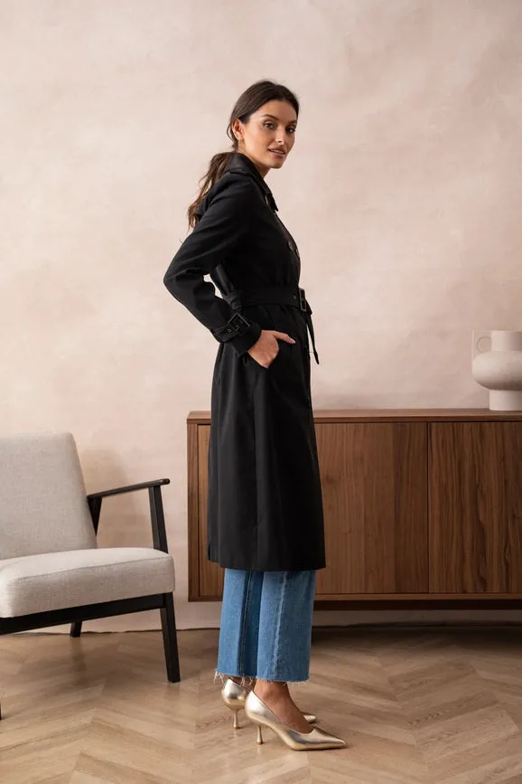 Long Trench Coat with Cotton Belt Black