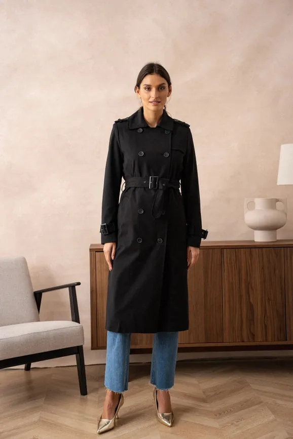 Long Trench Coat with Cotton Belt Black