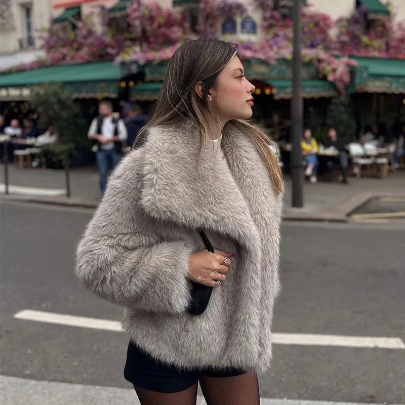 Luxury Gradient Faux Fur Overcoat with Big Fur Collar Fluffy Jacket