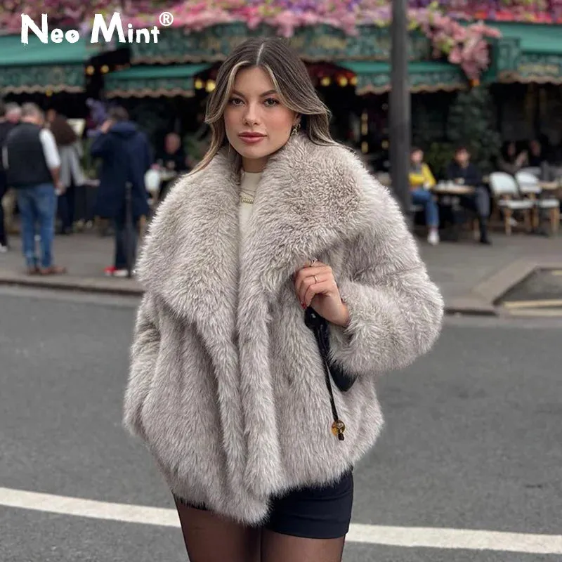 Luxury Gradient Faux Fur Overcoat with Big Fur Collar Fluffy Jacket