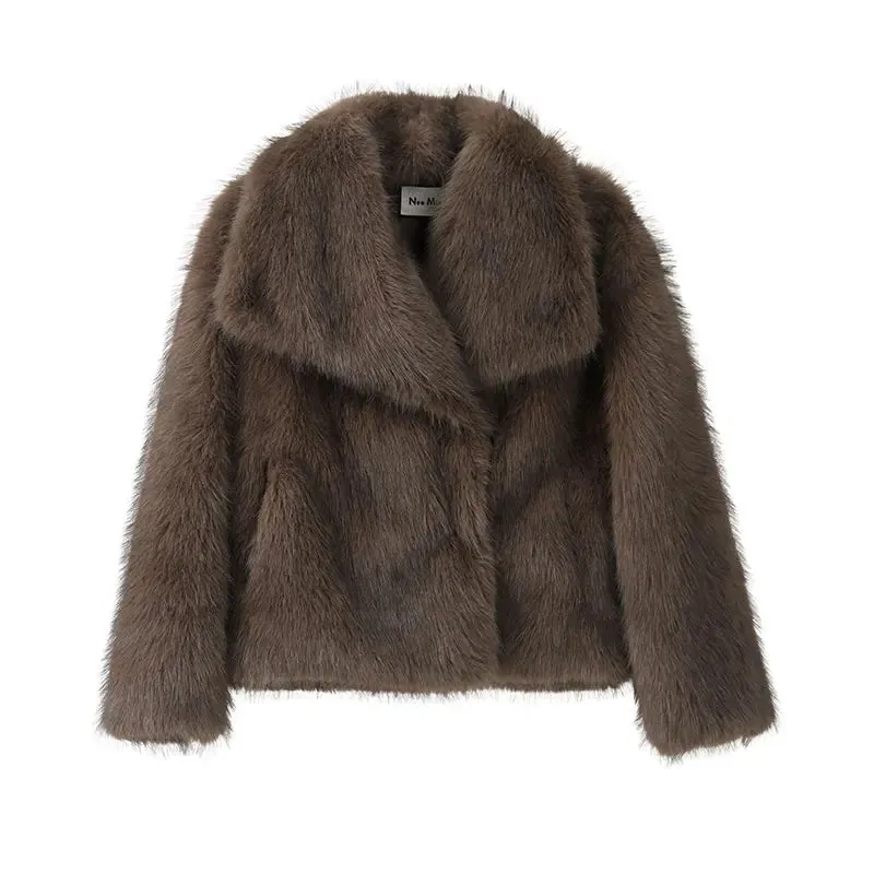 Luxury Gradient Faux Fur Overcoat with Big Fur Collar Fluffy Jacket