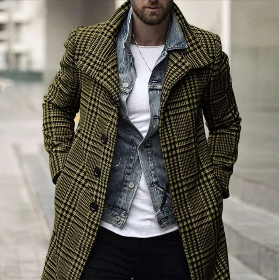 Men Lapel Collar Slant Pocket Trench Plaid Coat