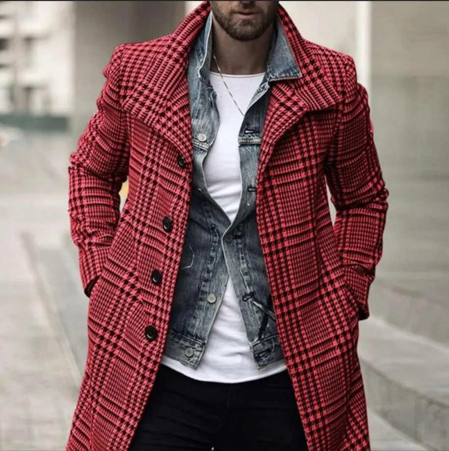 Men Lapel Collar Slant Pocket Trench Plaid Coat