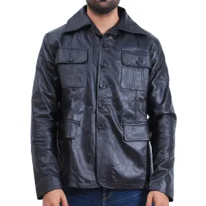 Men's 5 Button Black Leather Coat