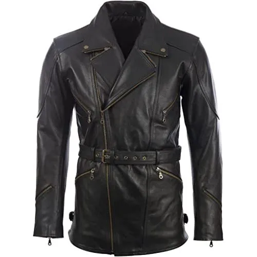 Men's Black Leather Belted Motorcycle Coat