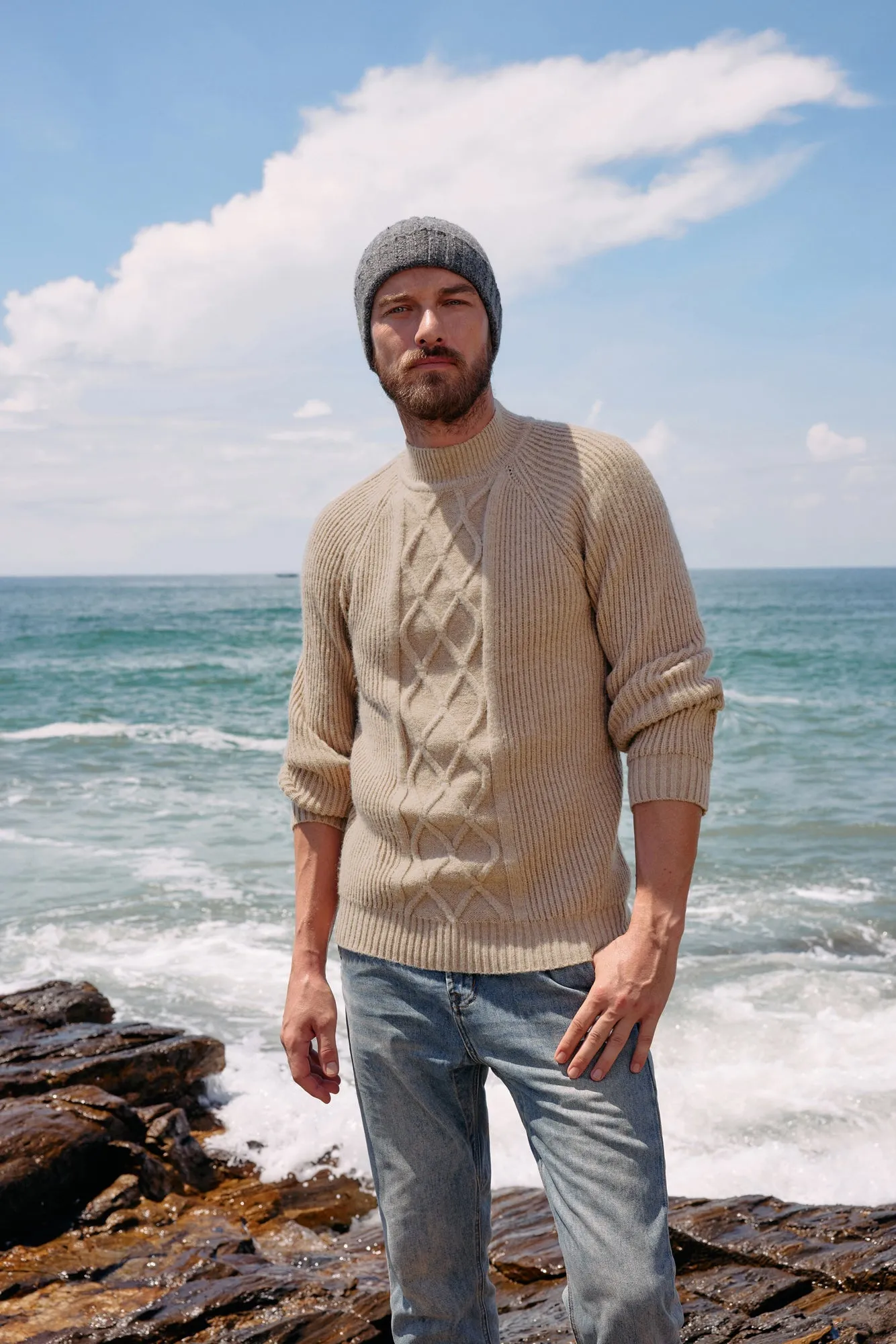 Men's Mock Neck Sweaters Casual Cable Twisted Knitted Pullover Sweaters